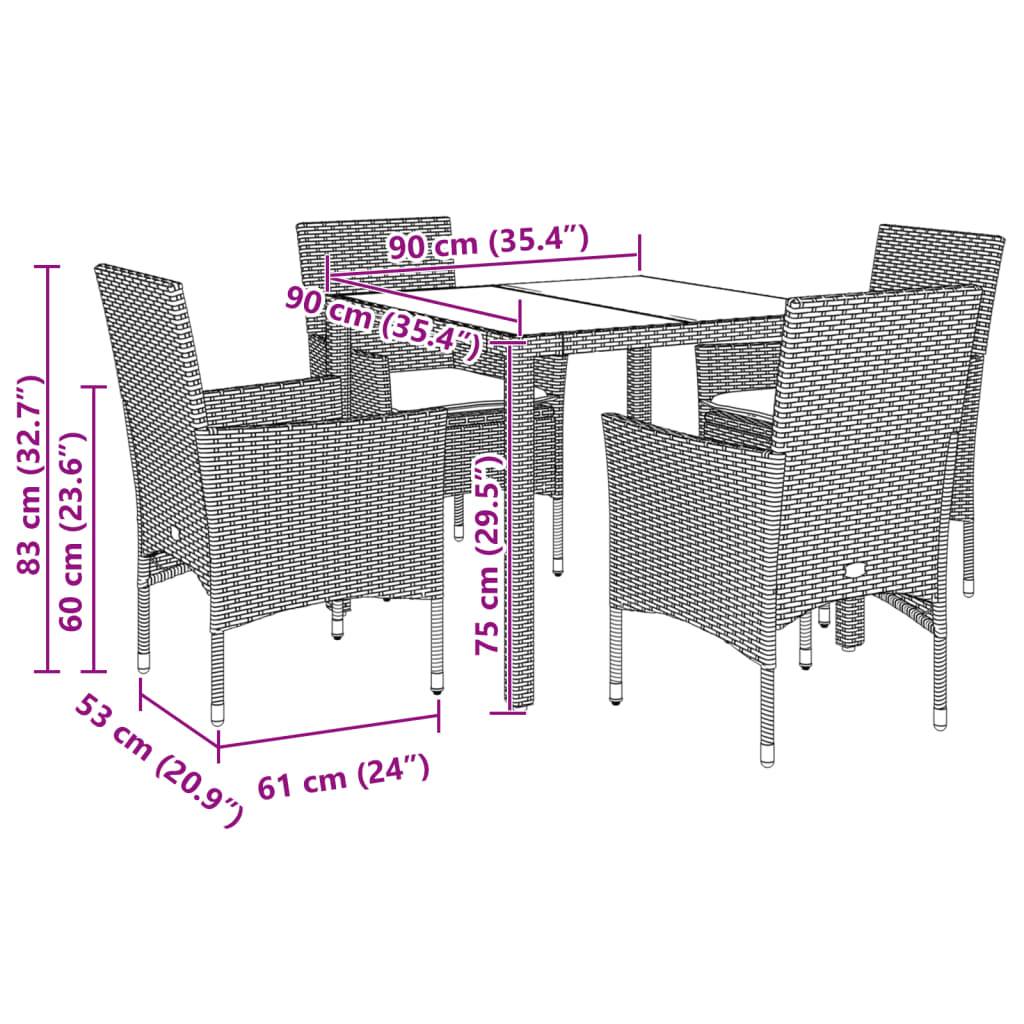 vidaXL 5-tlg. Garten-Essgruppe mit Kissen Schwarz Poly Rattan und Glas