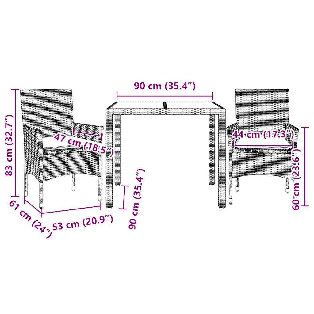 vidaXL 3-tlg. Garten-Essgruppe mit Kissen Hellgrau Poly Rattan Glas