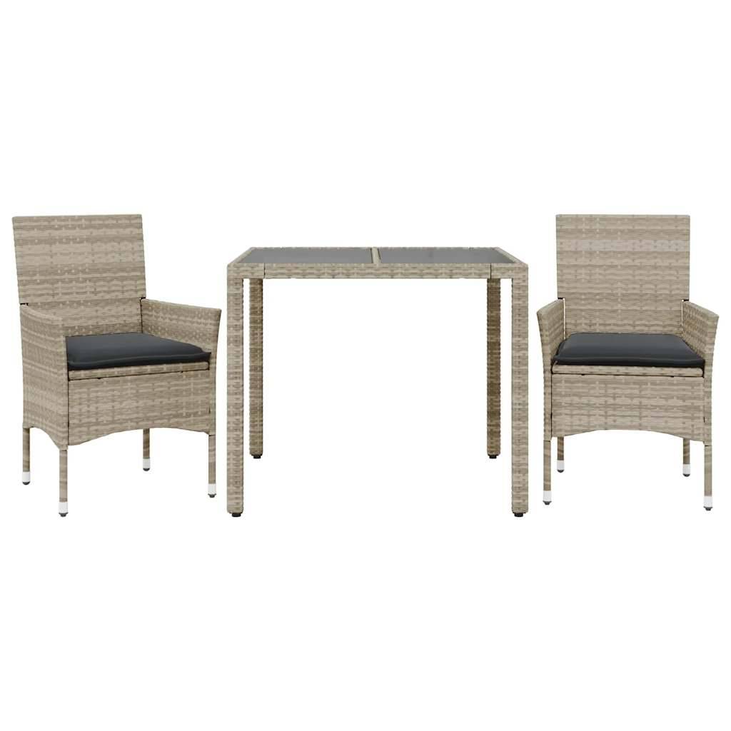 vidaXL 3-tlg. Garten-Essgruppe mit Kissen Hellgrau Poly Rattan Glas
