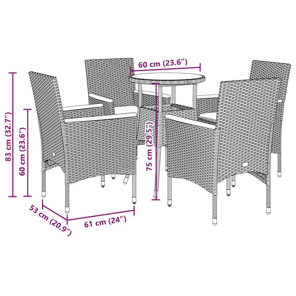 vidaXL 5-tlg. Garten-Essgruppe mit Kissen Schwarz Poly Rattan Akazie
