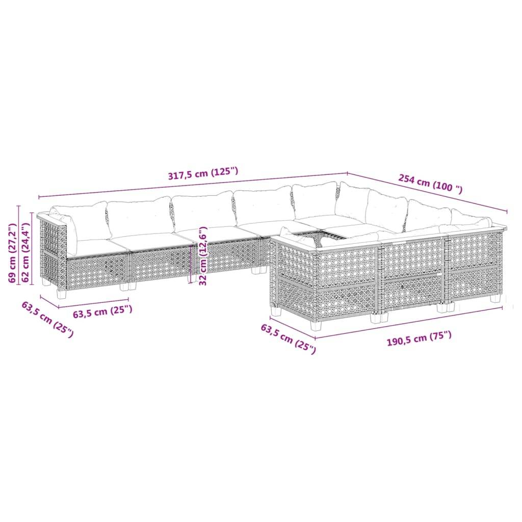 vidaXL 10-tlg. Garten-Sofagarnitur mit Kissen Schwarz Poly Rattan