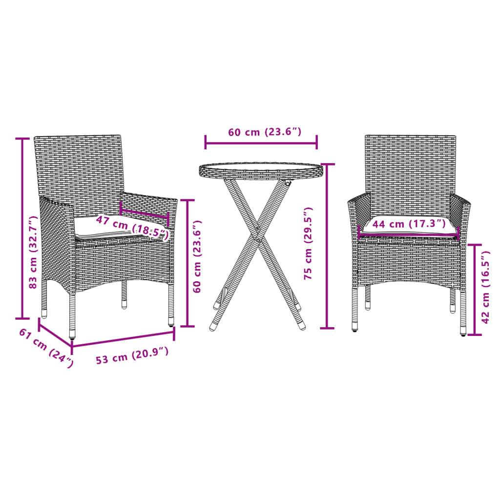 vidaXL 3-tlg. Bistro-Set mit Kissen Grau Poly Rattan und Glas
