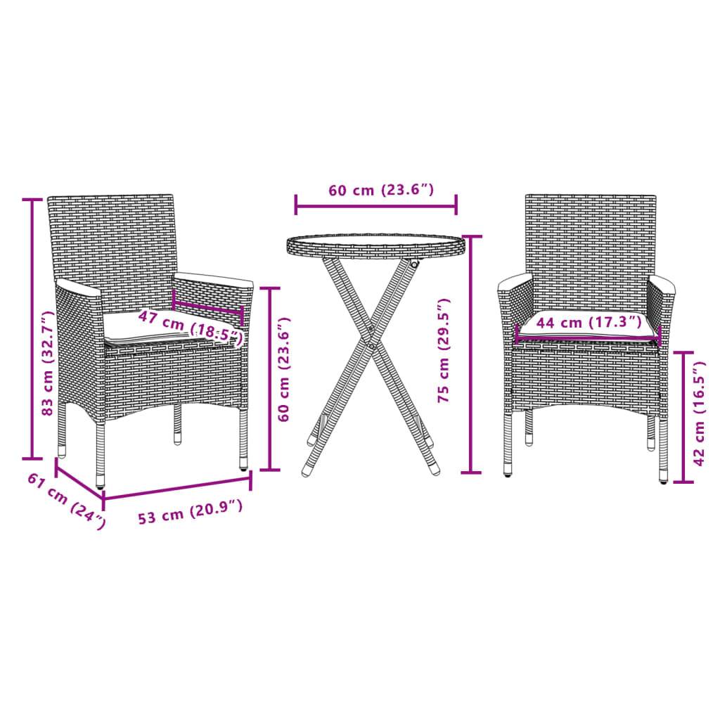 vidaXL 3-tlg. Bistro-Set mit Kissen Schwarz Poly Rattan und Glas