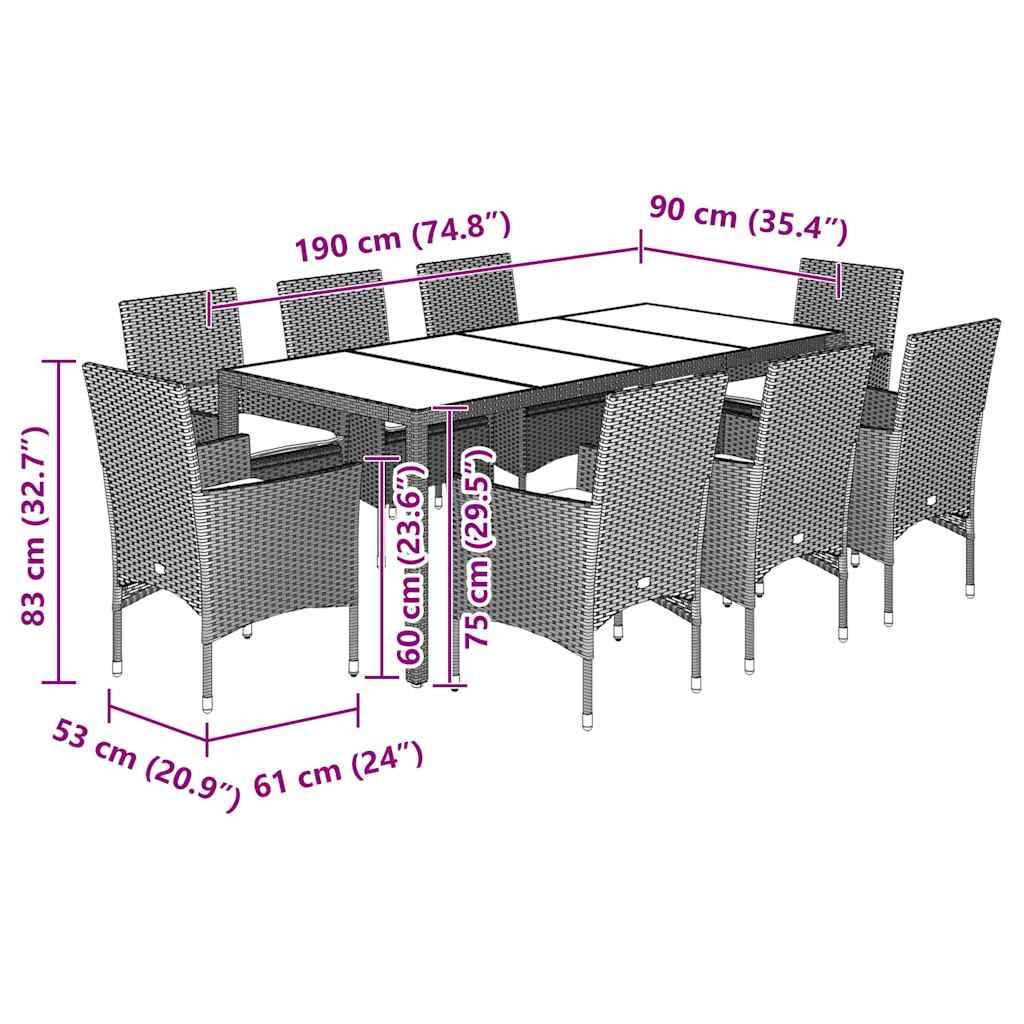 vidaXL 9-tlg. Garten-Essgruppe mit Kissen Hellgrau Poly Rattan & Glas