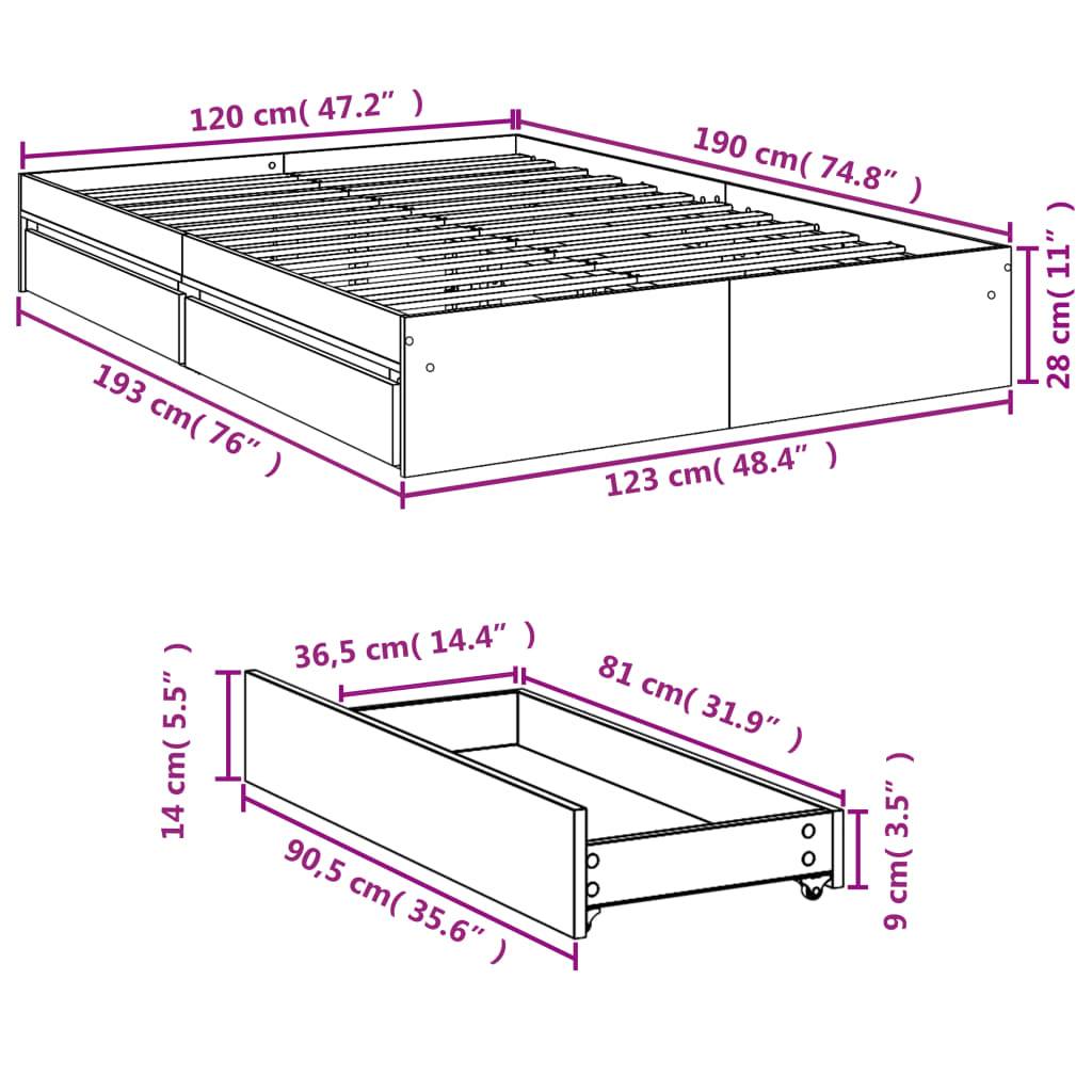 vidaXL Bettgestell mit Schubladen Grau Sonoma 120x190 cm Holzwerkstoff
