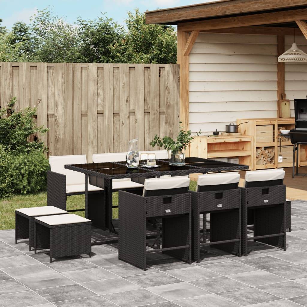 vidaXL 11-tlg. Garten-Essgruppe mit Kissen Schwarz Poly Rattan