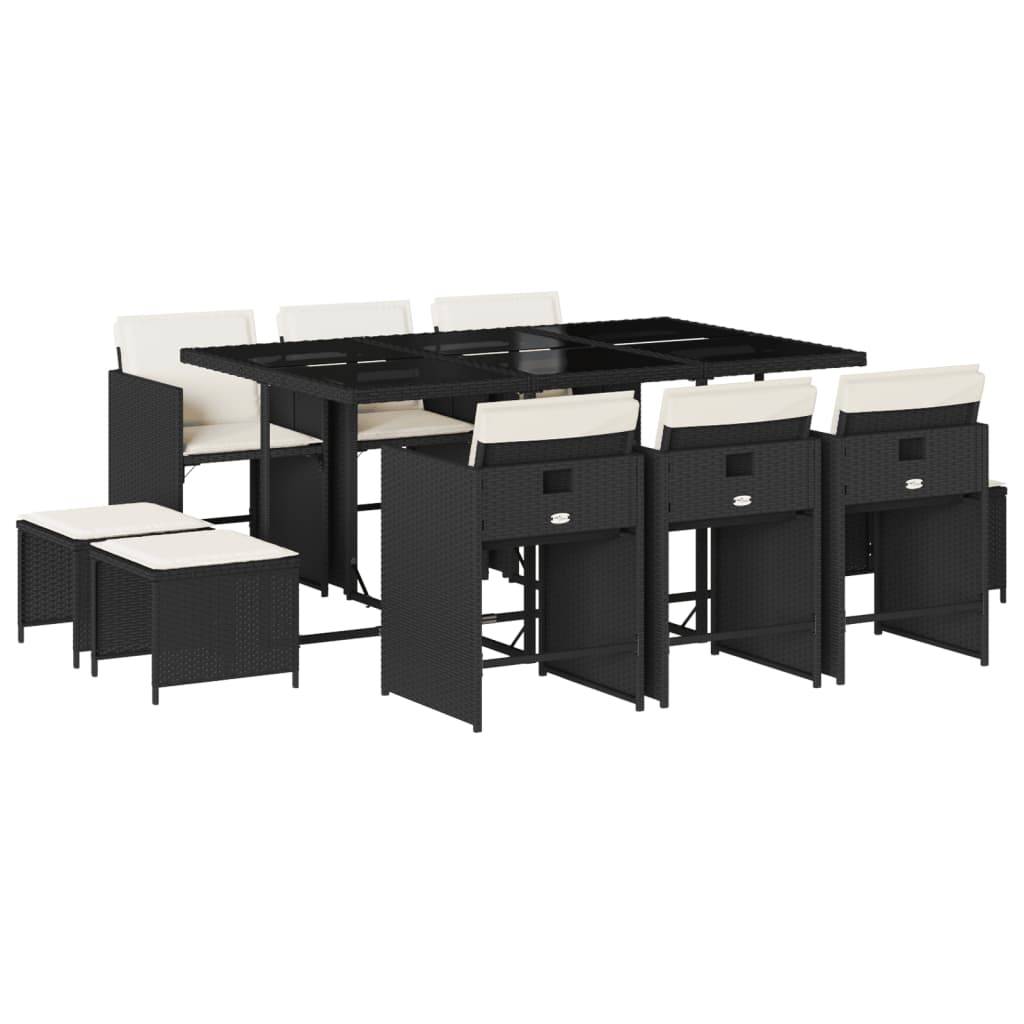 vidaXL 11-tlg. Garten-Essgruppe mit Kissen Schwarz Poly Rattan