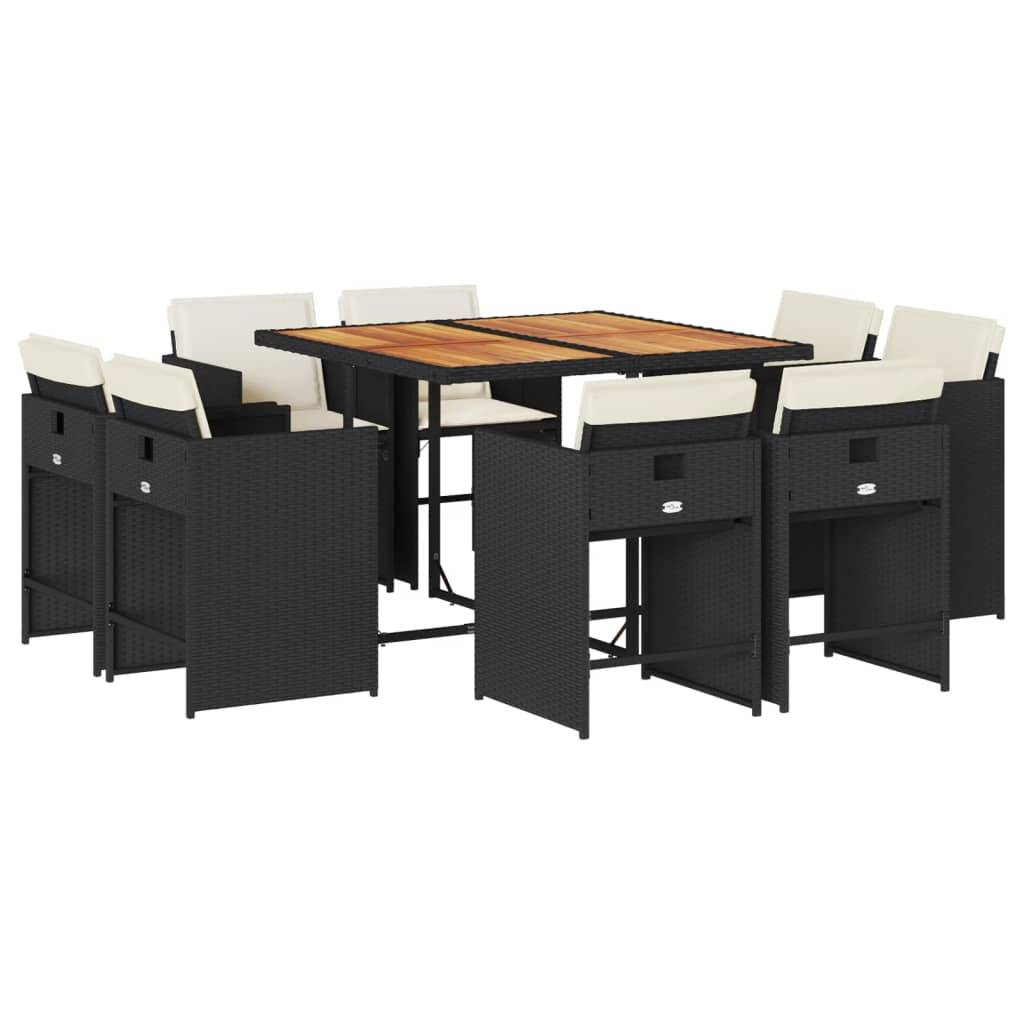 vidaXL 9-tlg. Garten-Essgruppe mit Kissen Schwarz Poly Rattan