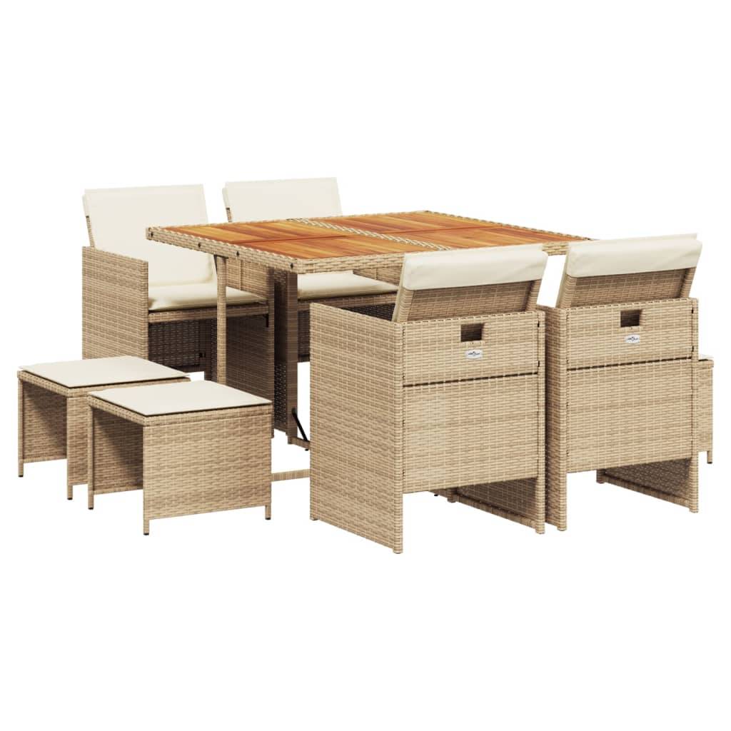 vidaXL 9-tlg. Garten-Essgruppe mit Kissen Beige Poly Rattan