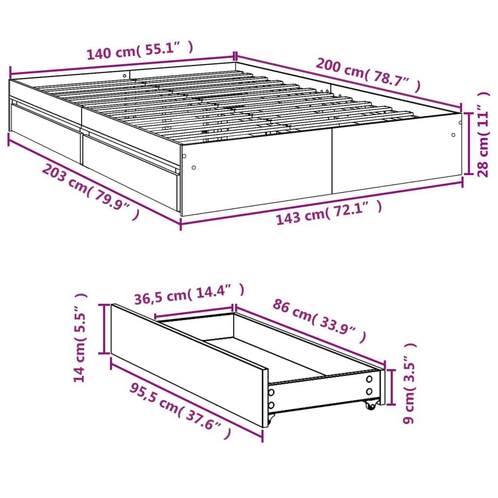 vidaXL Bettgestell mit Schubladen Grau Sonoma 140x200 cm Holzwerkstoff