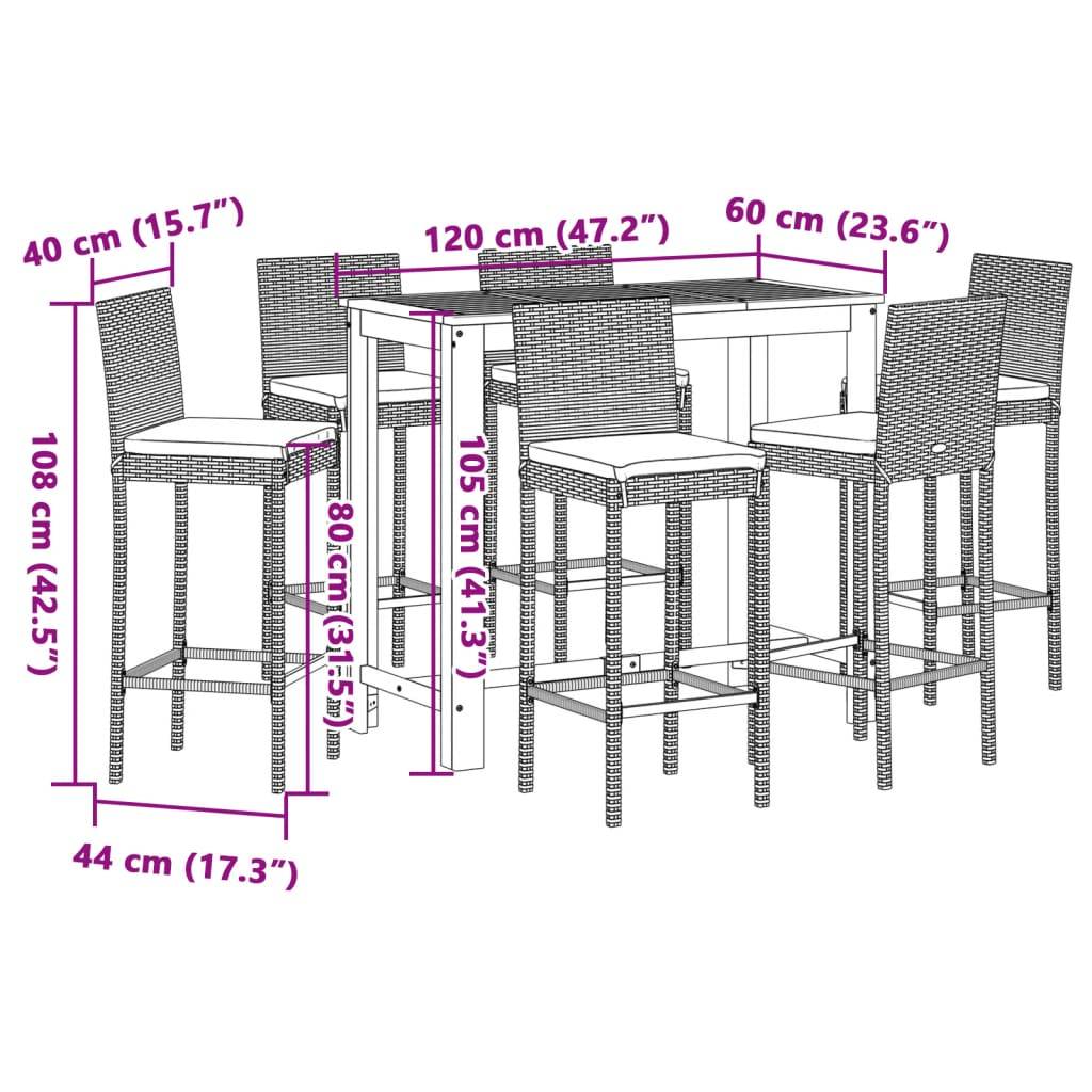 vidaXL 7-tlg. Gartenbar-Set Schwarz Massivholz Akazie und Poly Rattan