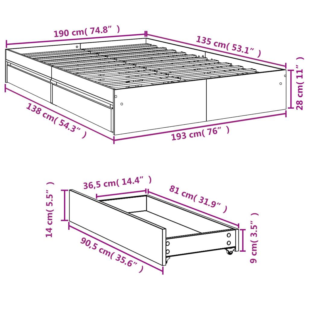 vidaXL Bettgestell mit Schubladen Braun Eichen-Optik 135x190 cm