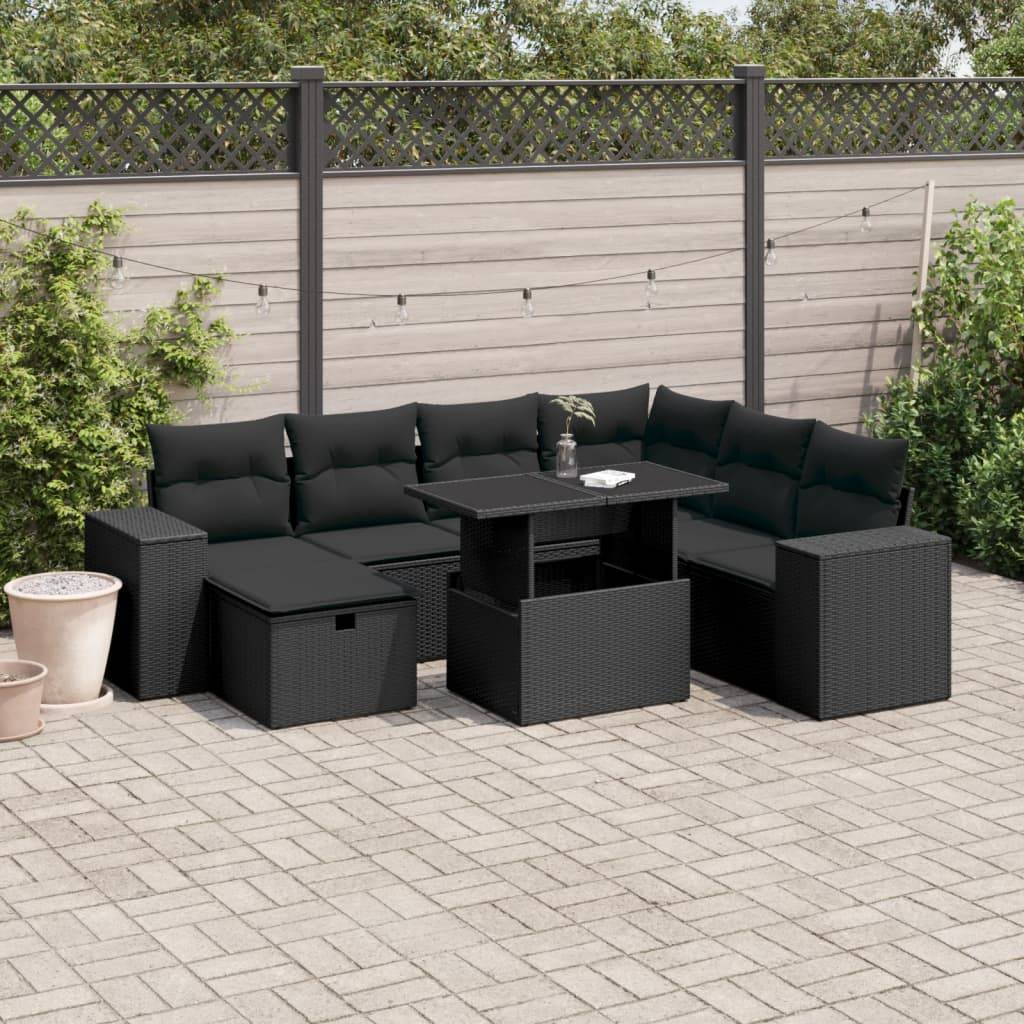 vidaXL 8-tlg. Garten-Sofagarnitur mit Kissen Schwarz Poly Rattan