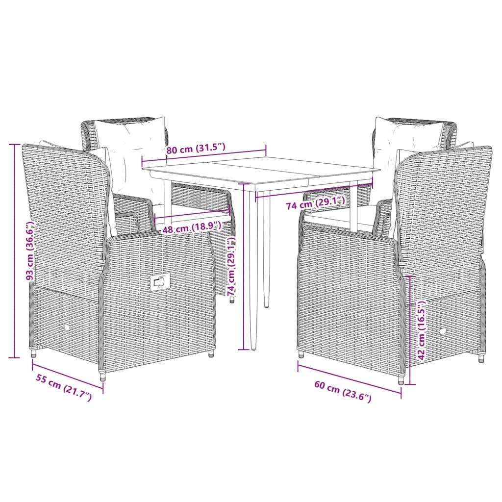 vidaXL 5-tlg. Garten-Essgruppe mit Kissen Hellgrau Poly Rattan