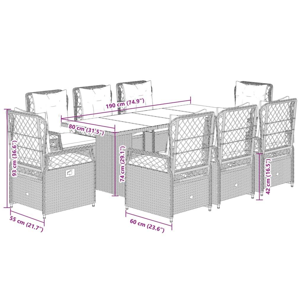vidaXL 9-tlg. Garten-Essgruppe mit Kissen Schwarz Poly Rattan