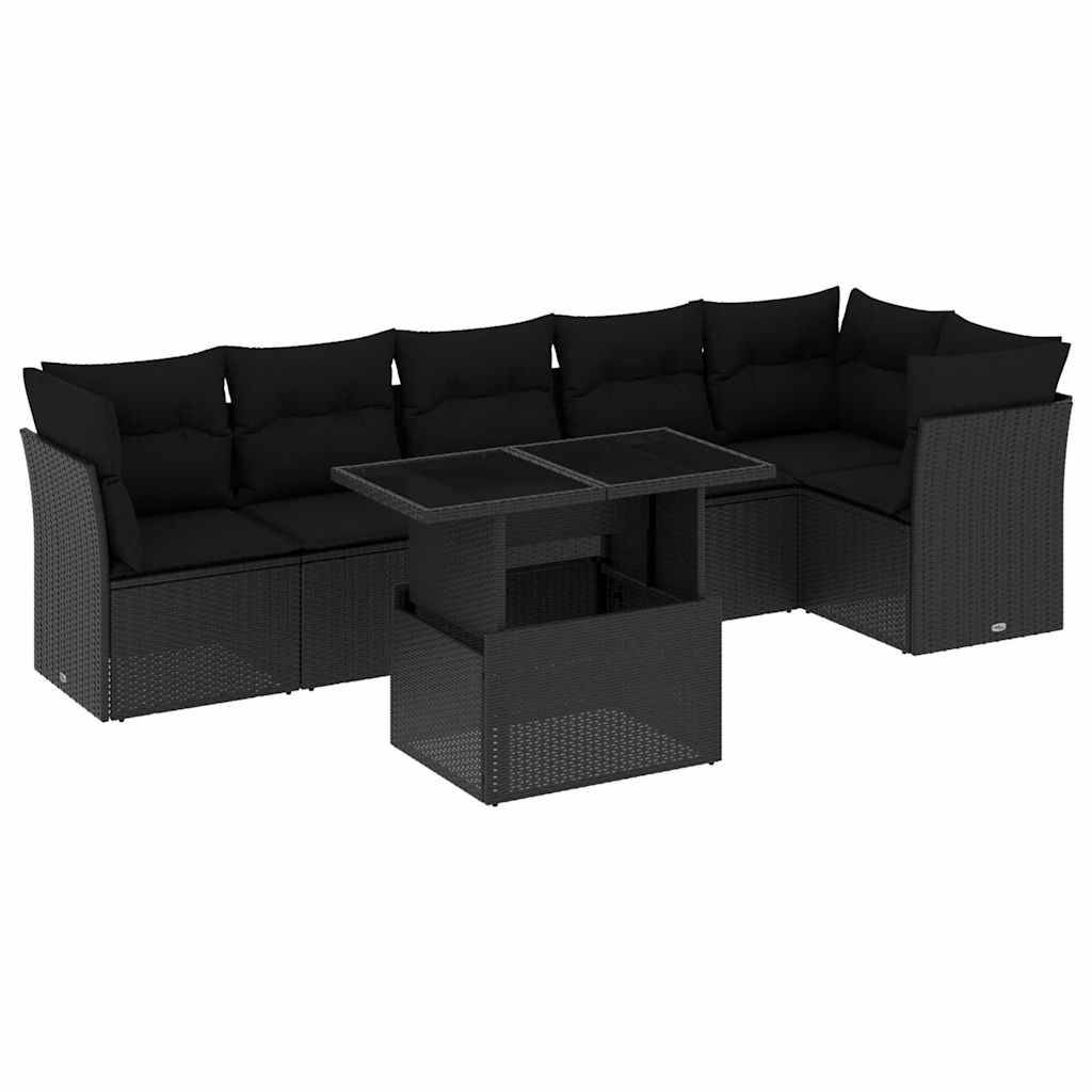 vidaXL 7-tlg. Garten-Sofagarnitur mit Kissen Schwarz Poly Rattan
