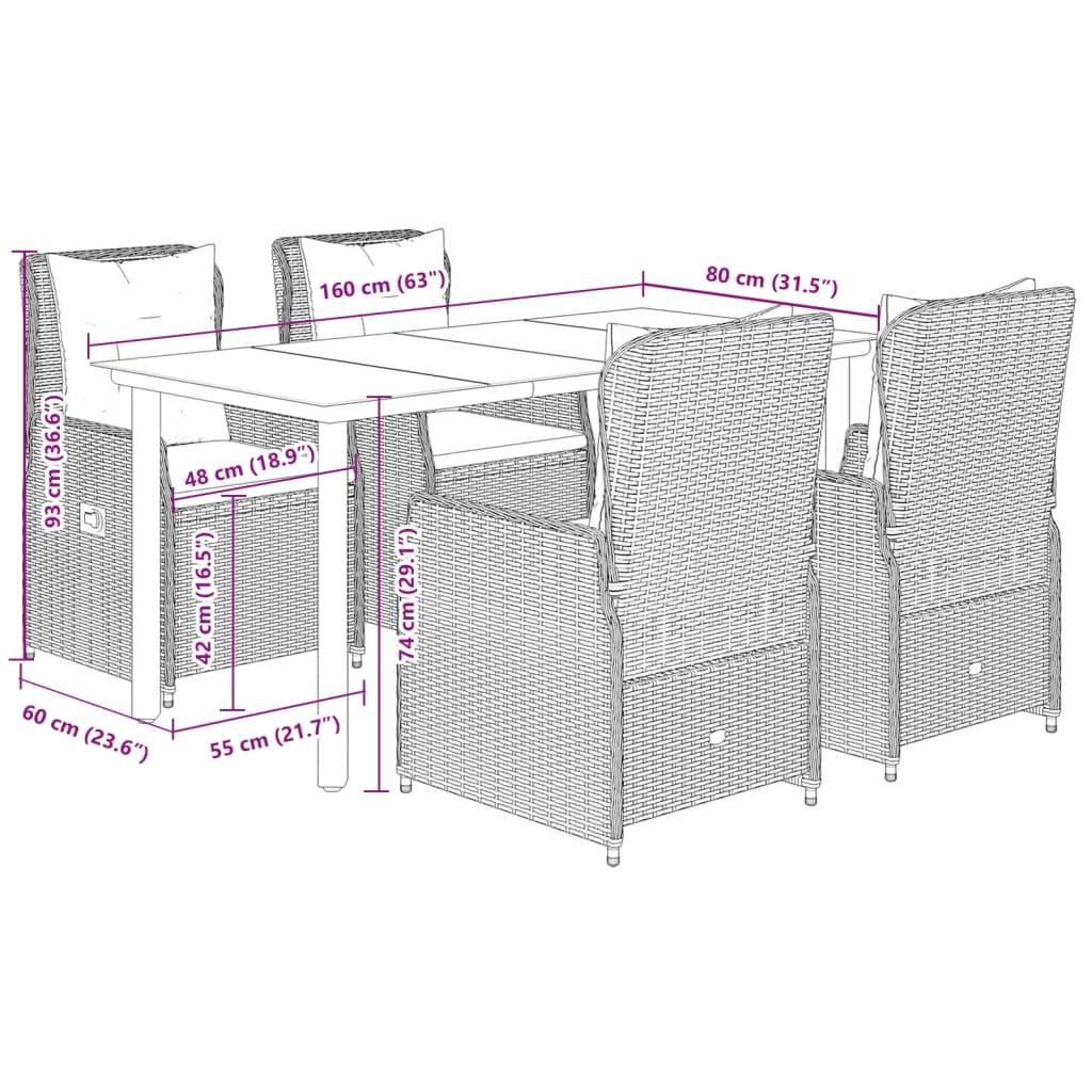 vidaXL 5-tlg. Garten-Essgruppe mit Kissen Braun Poly Rattan