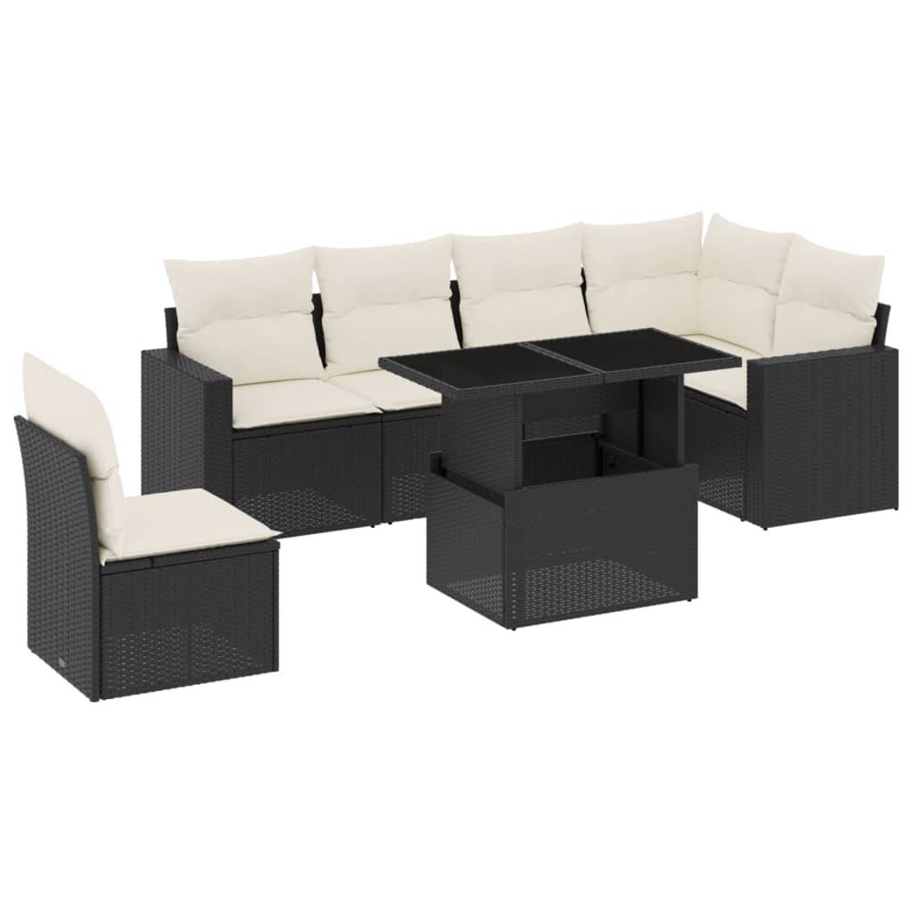 vidaXL 7-tlg. Garten-Sofagarnitur mit Kissen Schwarz Poly Rattan