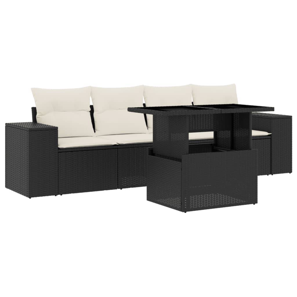 vidaXL 5-tlg. Garten-Sofagarnitur mit Kissen Schwarz Poly Rattan