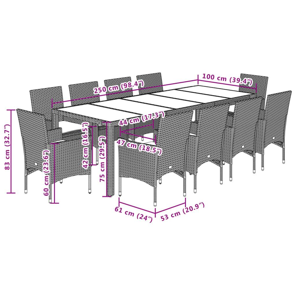 vidaXL 11-tlg. Garten-Essgruppe mit Kissen Grau Poly Rattan Glas