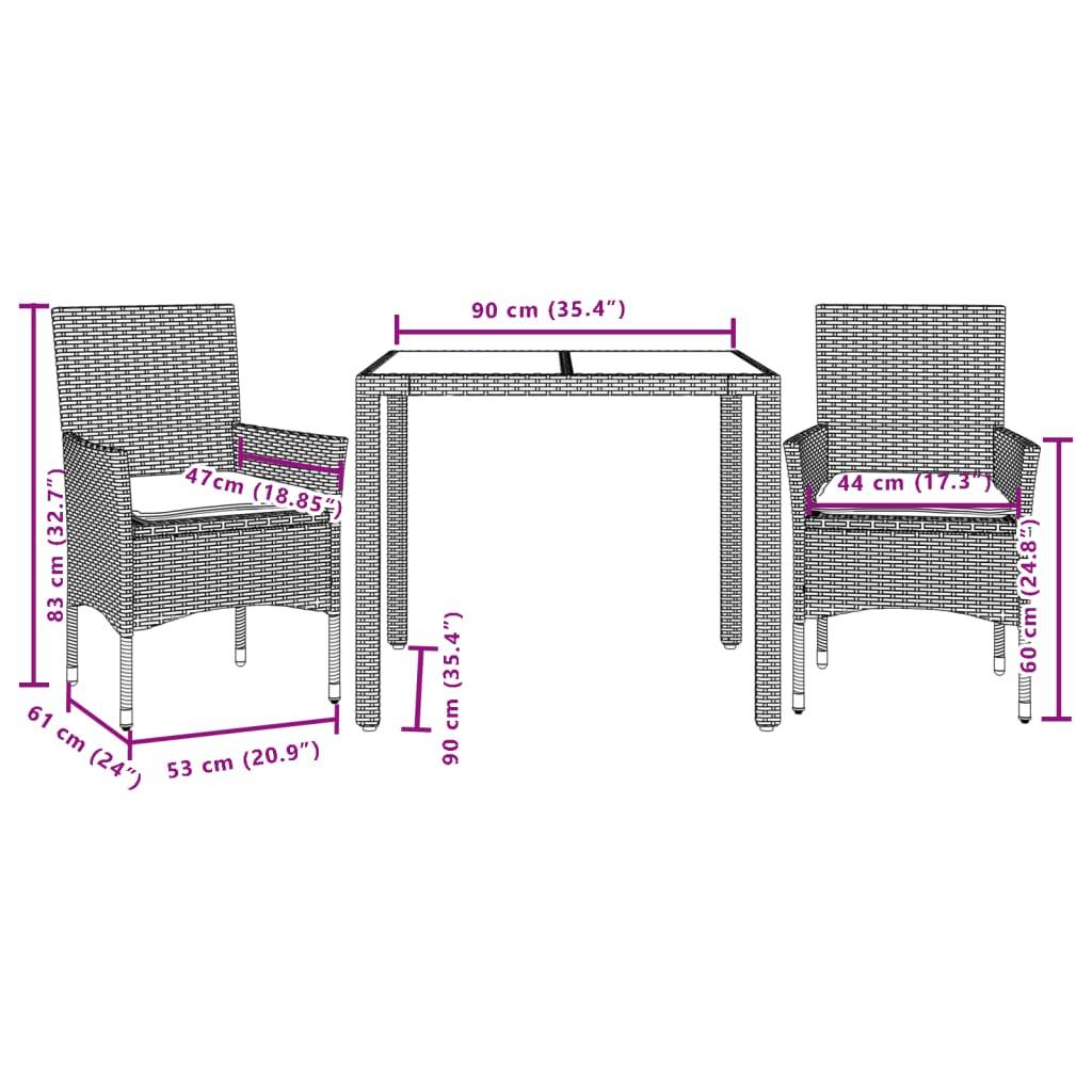 vidaXL 3-tlg. Garten-Essgruppe mit Kissen Schwarz Poly Rattan Akazie