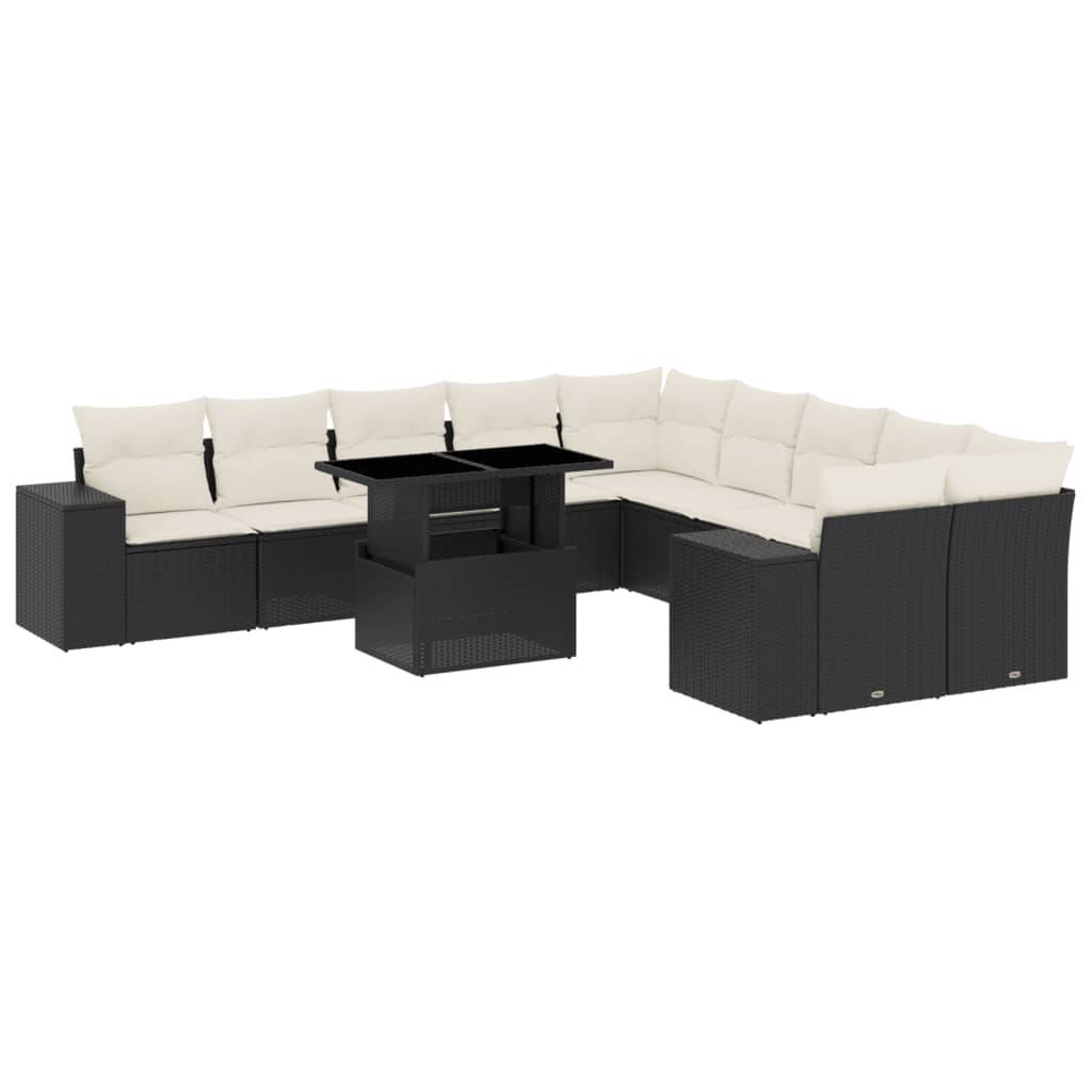 vidaXL 11-tlg. Garten-Sofagarnitur mit Kissen Schwarz Poly Rattan