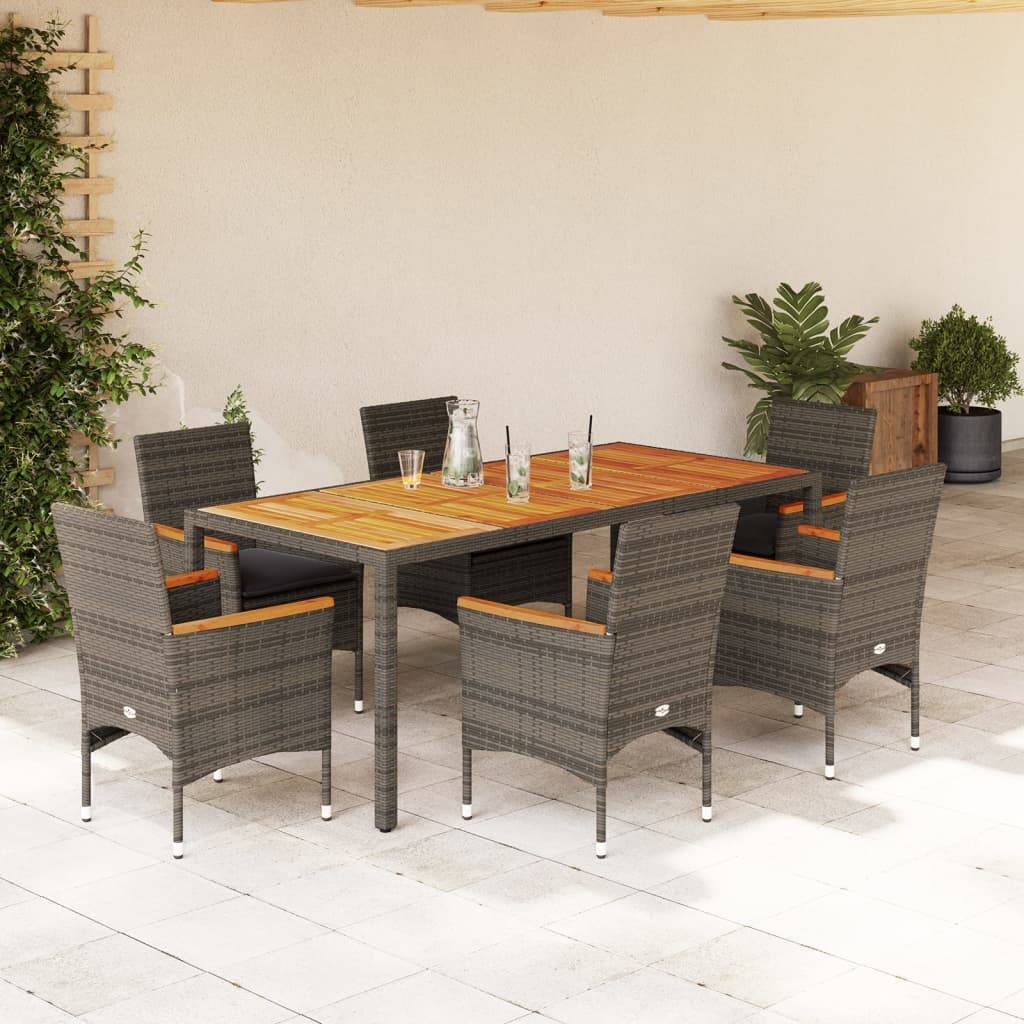 vidaXL 7-tlg. Garten-Essgruppe mit Kissen Grau Poly Rattan Akazie