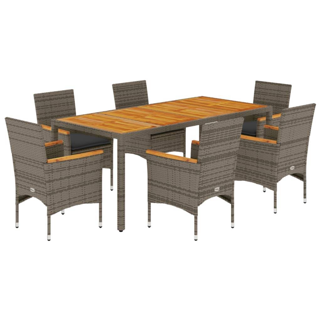 vidaXL 7-tlg. Garten-Essgruppe mit Kissen Grau Poly Rattan Akazie