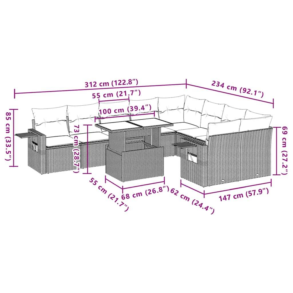 vidaXL 10-tlg. Garten-Sofagarnitur mit Kissen Schwarz Poly Rattan