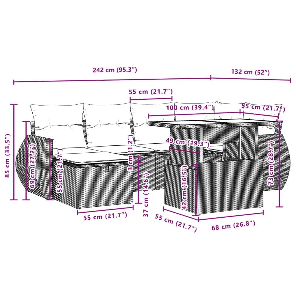 vidaXL 7-tlg. Garten-Sofagarnitur mit Kissen Schwarz Poly Rattan
