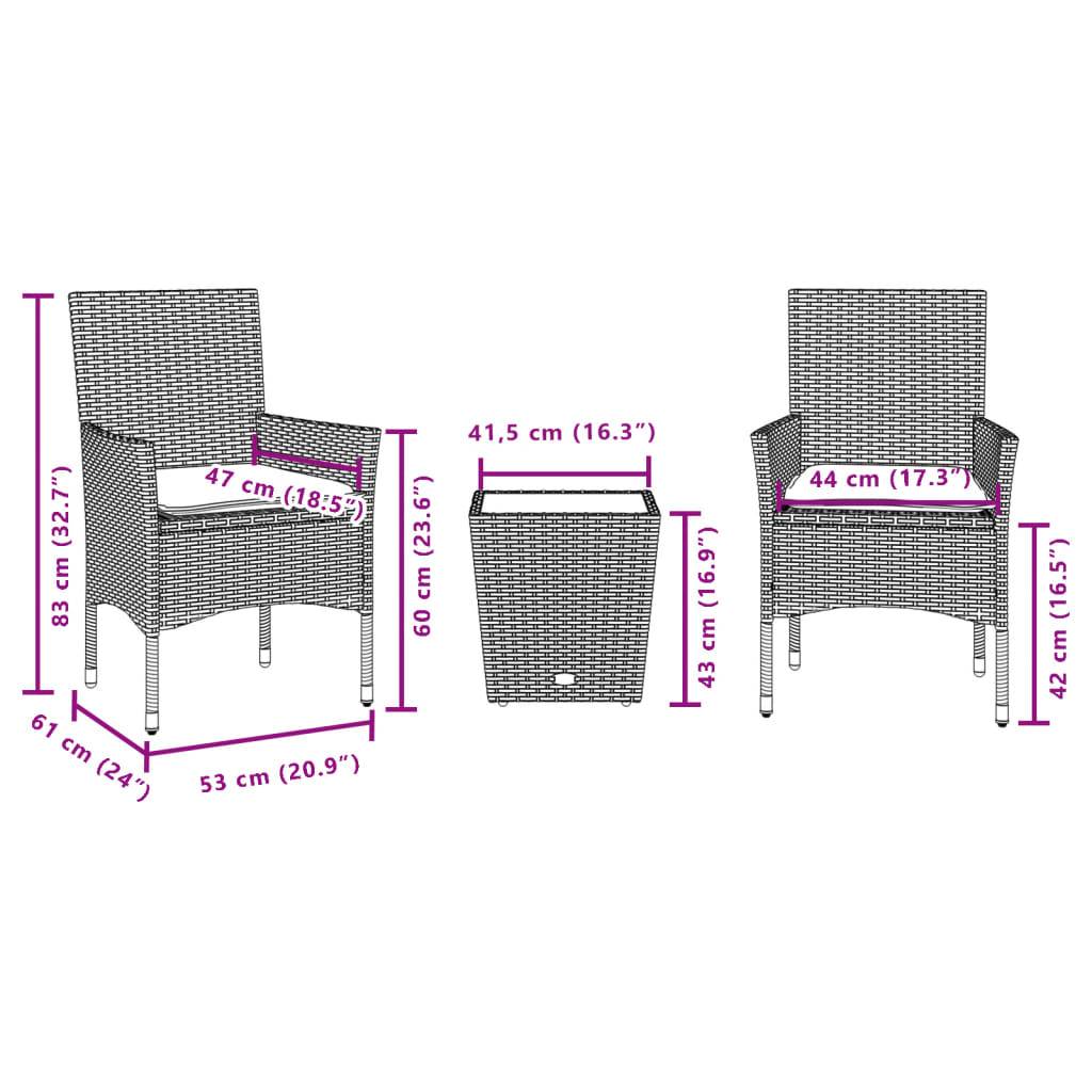 vidaXL 3-tlg. Bistro-Set mit Kissen Schwarz Poly Rattan und Glas