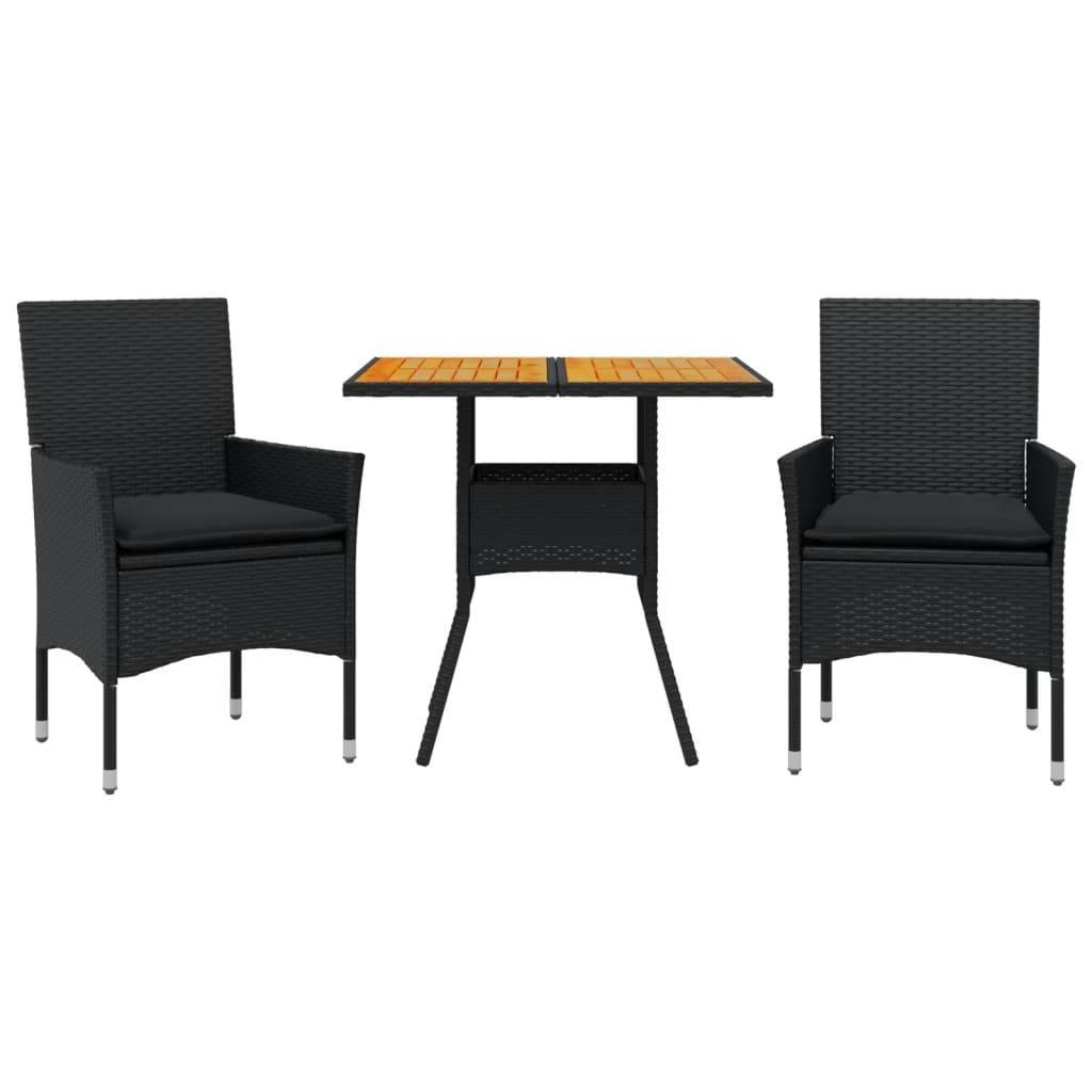 vidaXL 3-tlg. Garten-Essgruppe mit Kissen Schwarz Poly Rattan Akazie