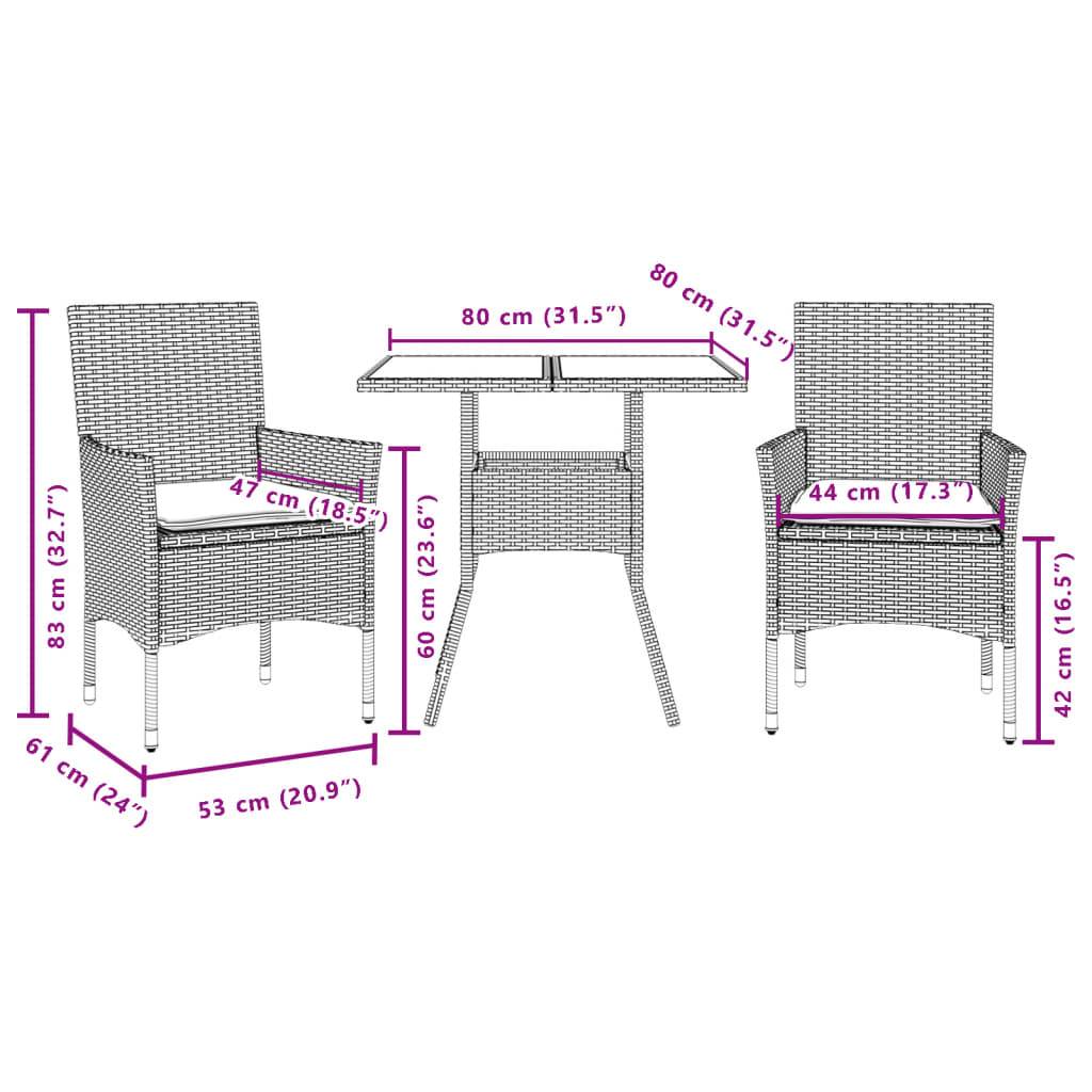 vidaXL 3-tlg. Garten-Essgruppe mit Kissen Schwarz Poly Rattan Akazie