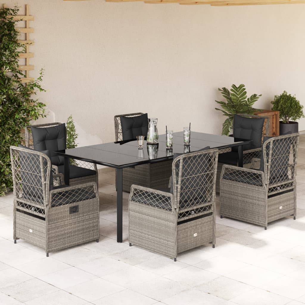 vidaXL 7-tlg. Garten-Essgruppe mit Kissen Hellgrau Poly Rattan