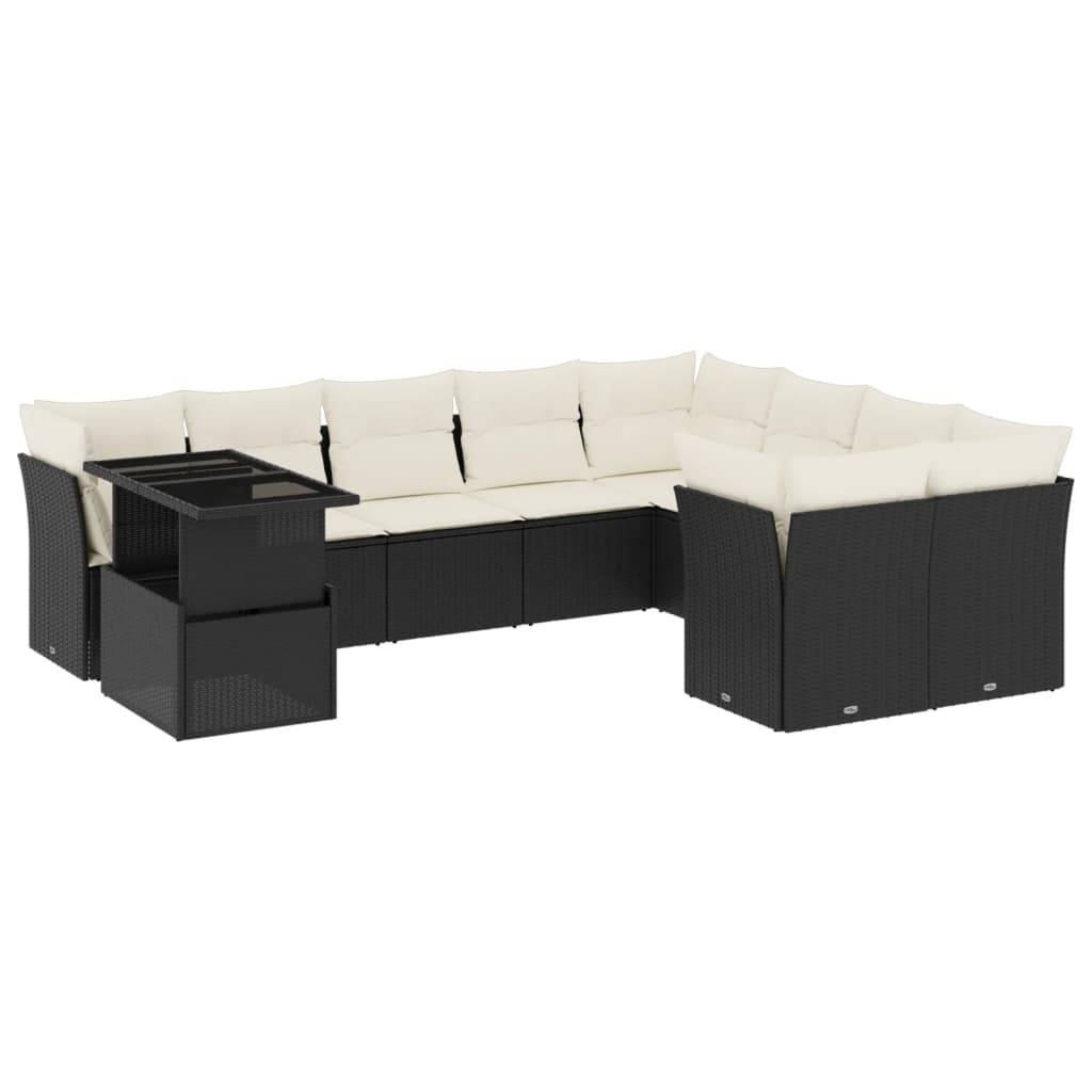 vidaXL 10-tlg. Garten-Sofagarnitur mit Kissen Schwarz Poly Rattan