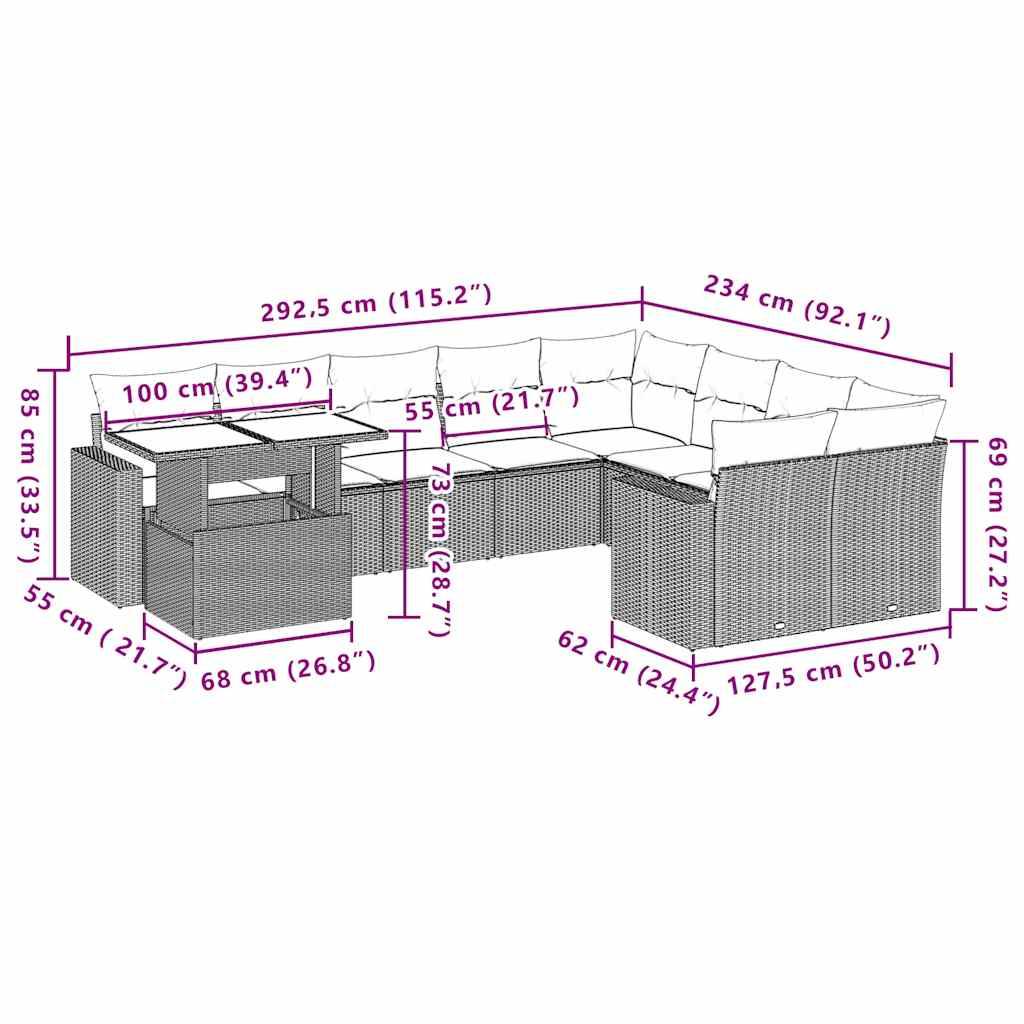 vidaXL 10-tlg. Garten-Sofagarnitur mit Kissen Schwarz Poly Rattan