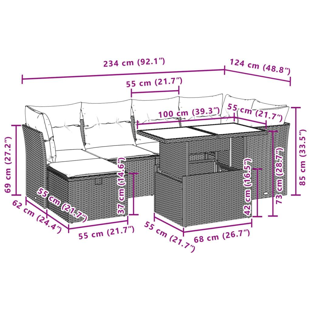 vidaXL 7-tlg. Garten-Sofagarnitur mit Kissen Schwarz Poly Rattan