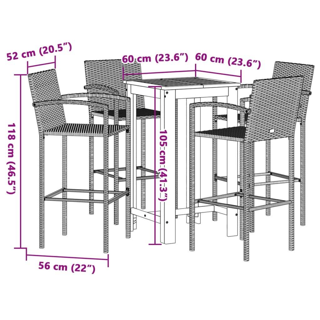 vidaXL 5-tlg. Gartenbar-Set Braun Massivholz Akazie und Poly Rattan