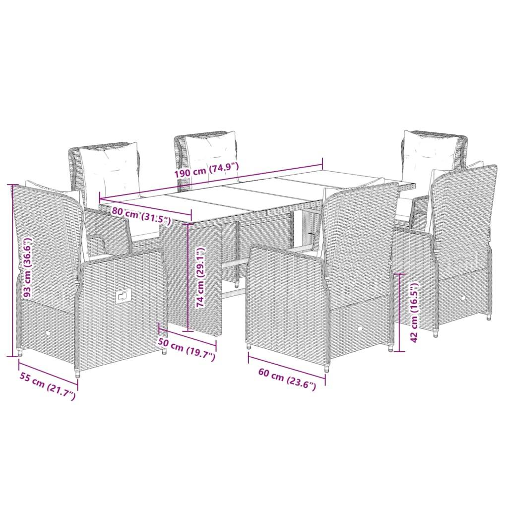 vidaXL 7-tlg. Garten-Essgruppe mit Kissen Grau Poly Rattan