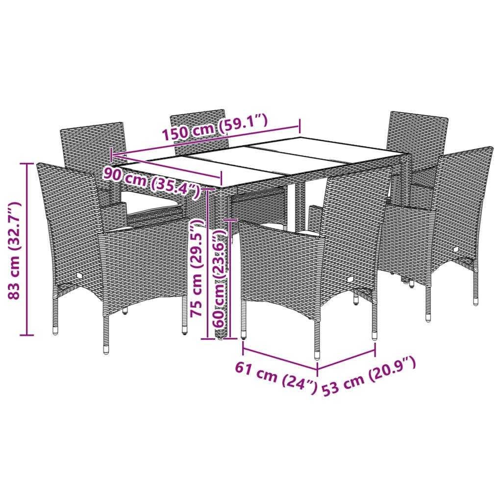 vidaXL 7-tlg. Garten-Essgruppe mit Kissen Schwarz Poly Rattan Glas