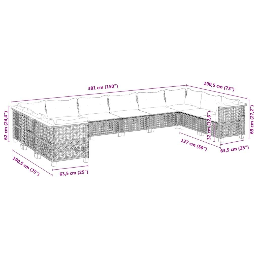 vidaXL 10-tlg. Garten-Sofagarnitur mit Kissen Schwarz Poly Rattan