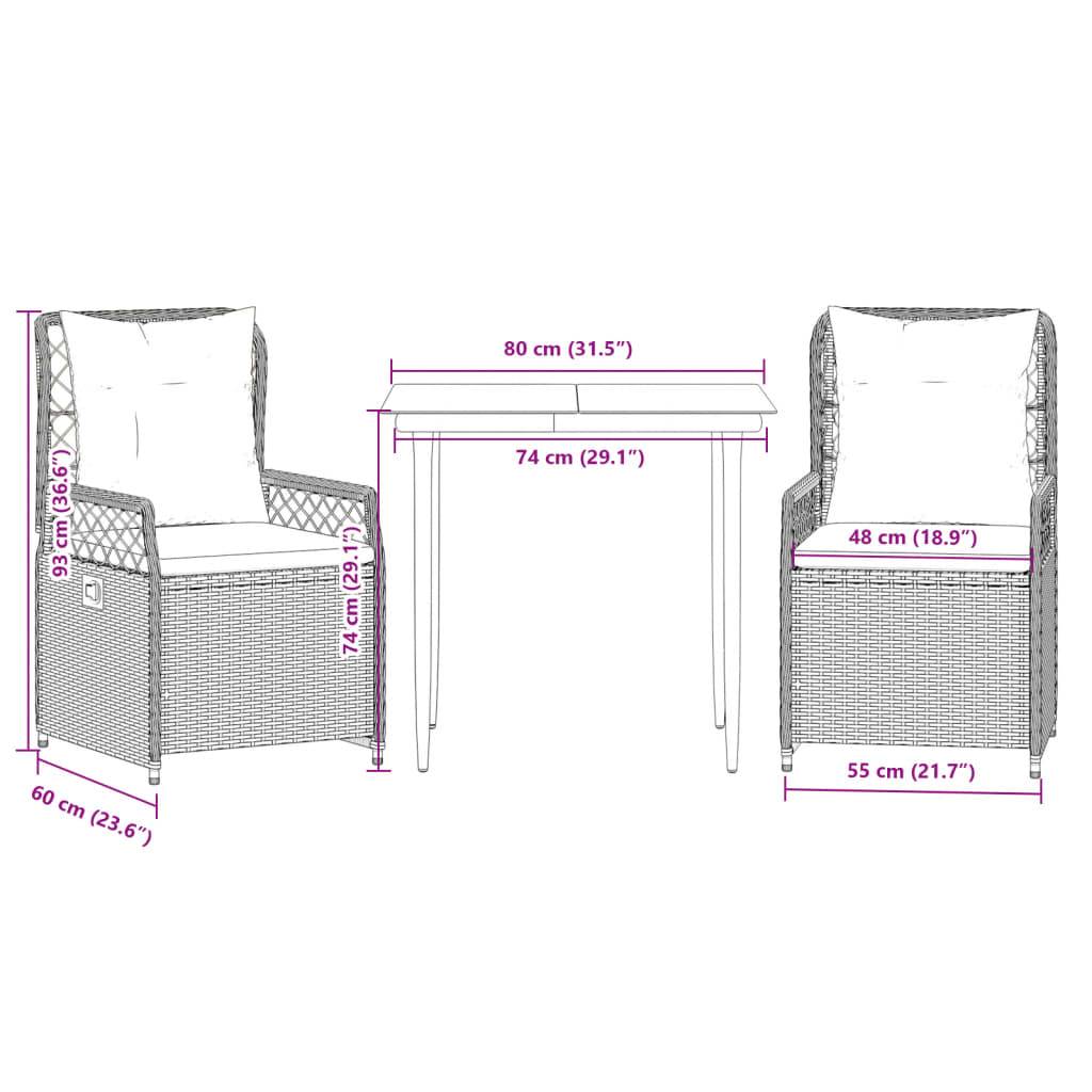 vidaXL 3-tlg. Garten-Essgruppe mit Kissen Grau Poly Rattan
