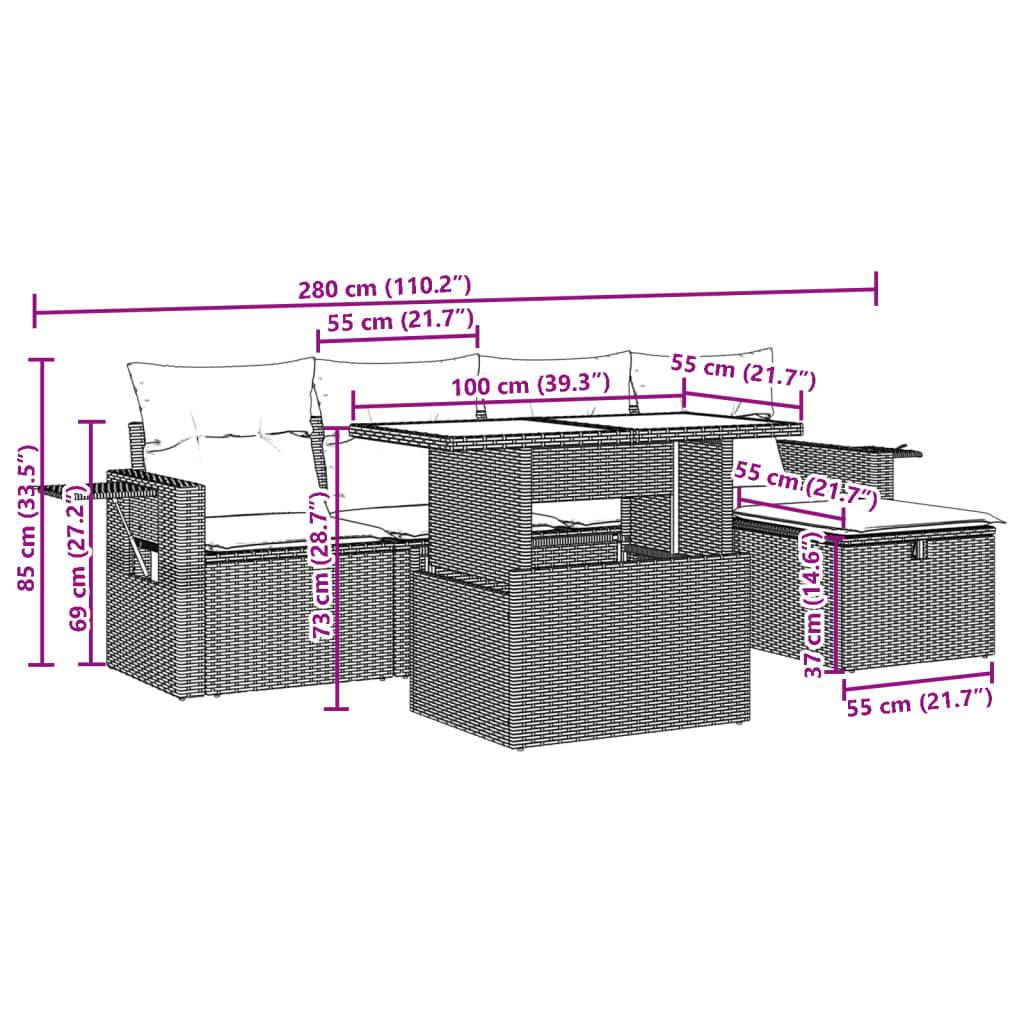vidaXL 6-tlg. Garten-Sofagarnitur mit Kissen Schwarz Poly Rattan