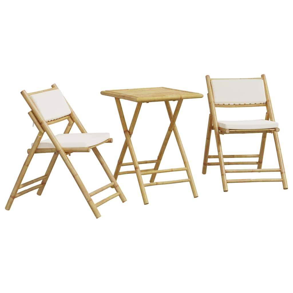 vidaXL 3-tlg. Bistro-Set Klappbar mit Cremeweißen Kissen Bambus
