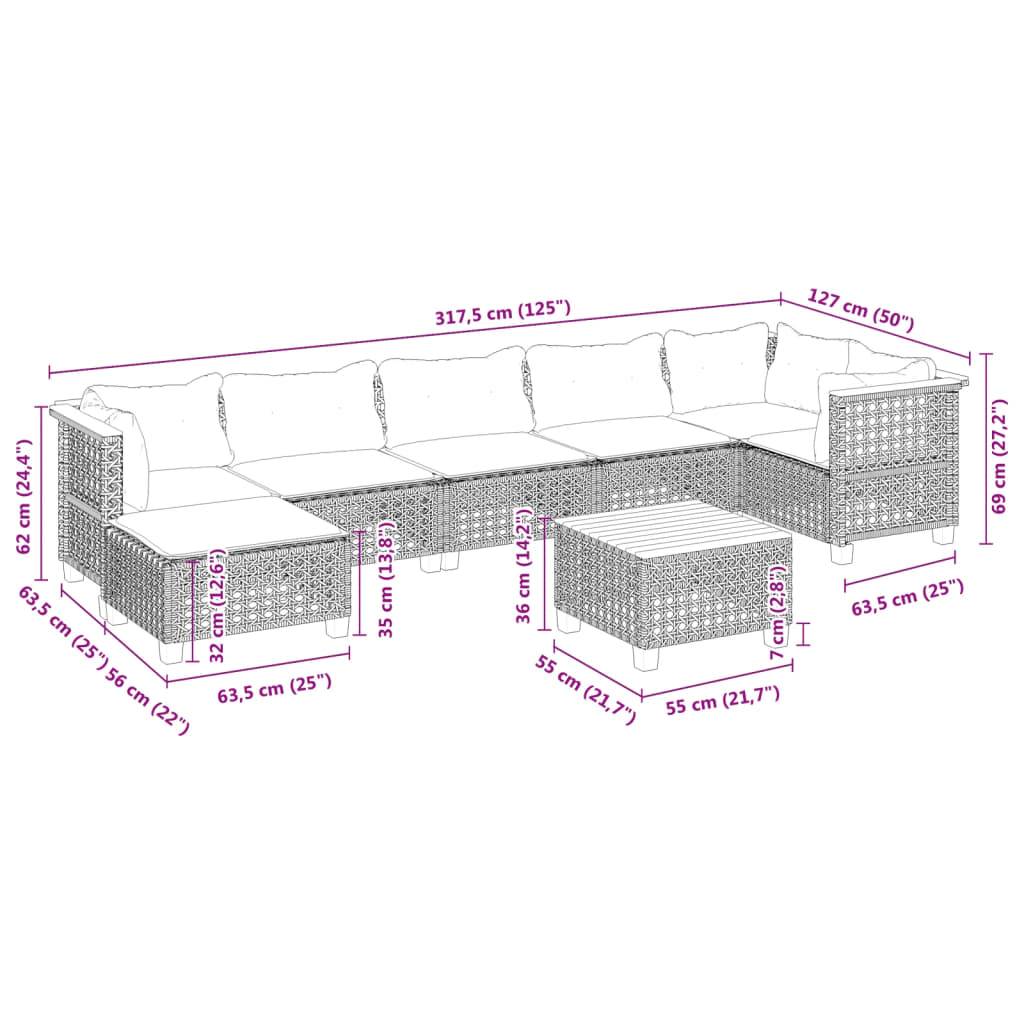 vidaXL 8-tlg. Garten-Sofagarnitur mit Kissen Schwarz Poly Rattan
