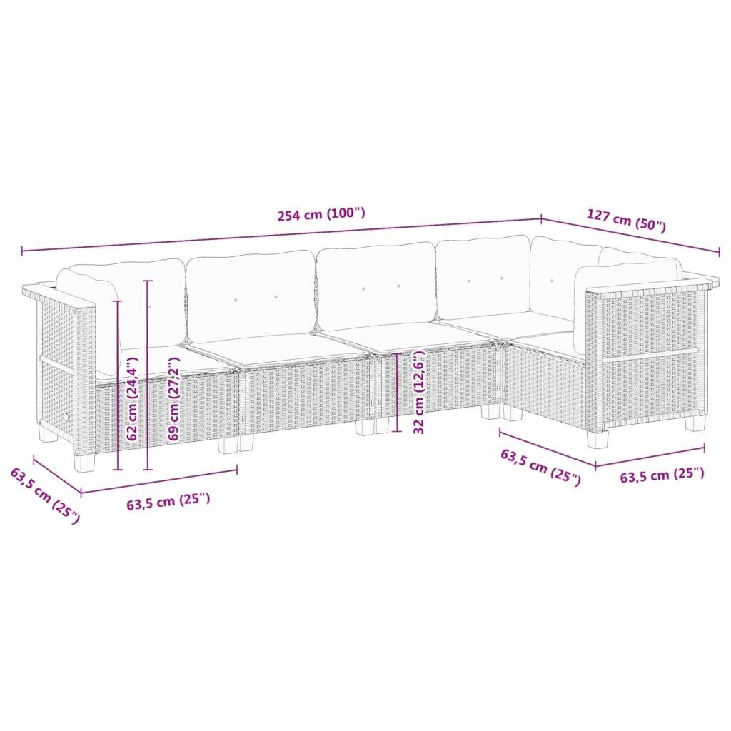 vidaXL 5-tlg. Garten-Sofagarnitur mit Kissen Schwarz Poly Rattan