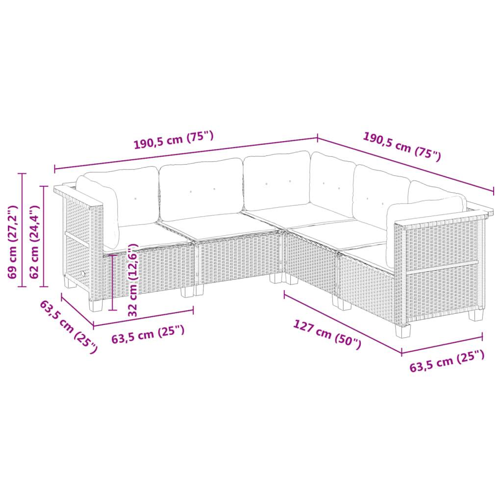 vidaXL 5-tlg. Garten-Sofagarnitur mit Kissen Schwarz Poly Rattan