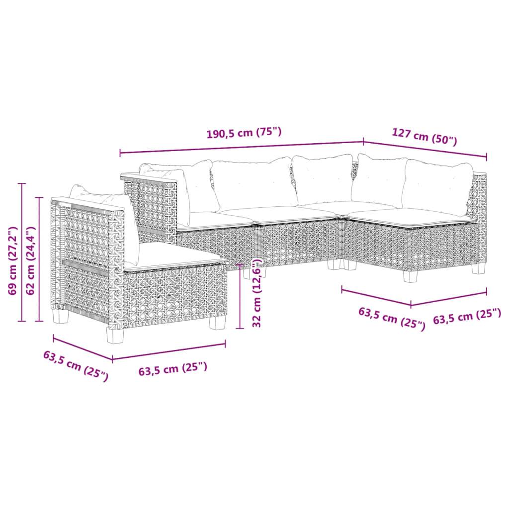 vidaXL 5-tlg. Garten-Sofagarnitur mit Kissen Grau Poly Rattan