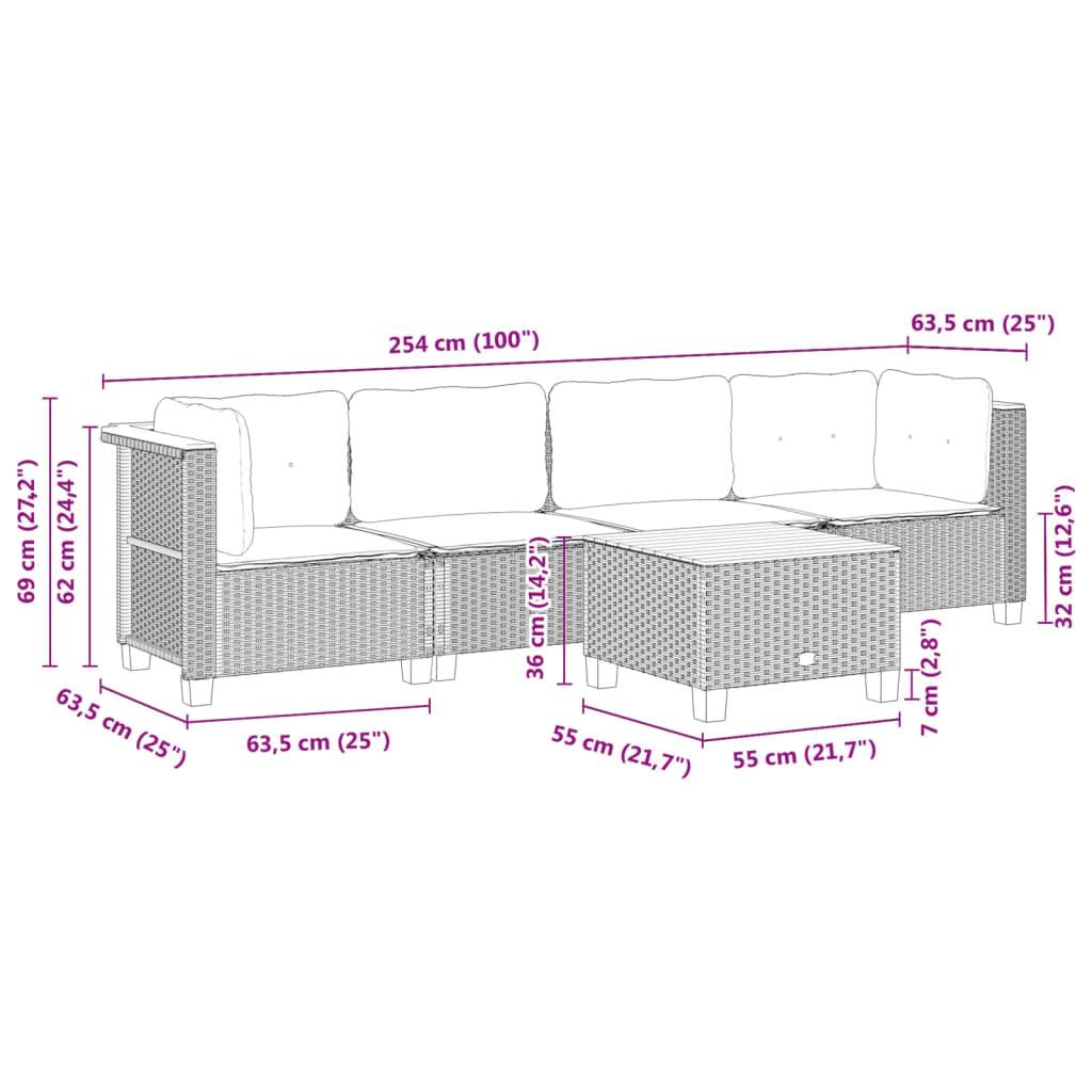 vidaXL 5-tlg. Garten-Sofagarnitur mit Kissen Schwarz Poly Rattan