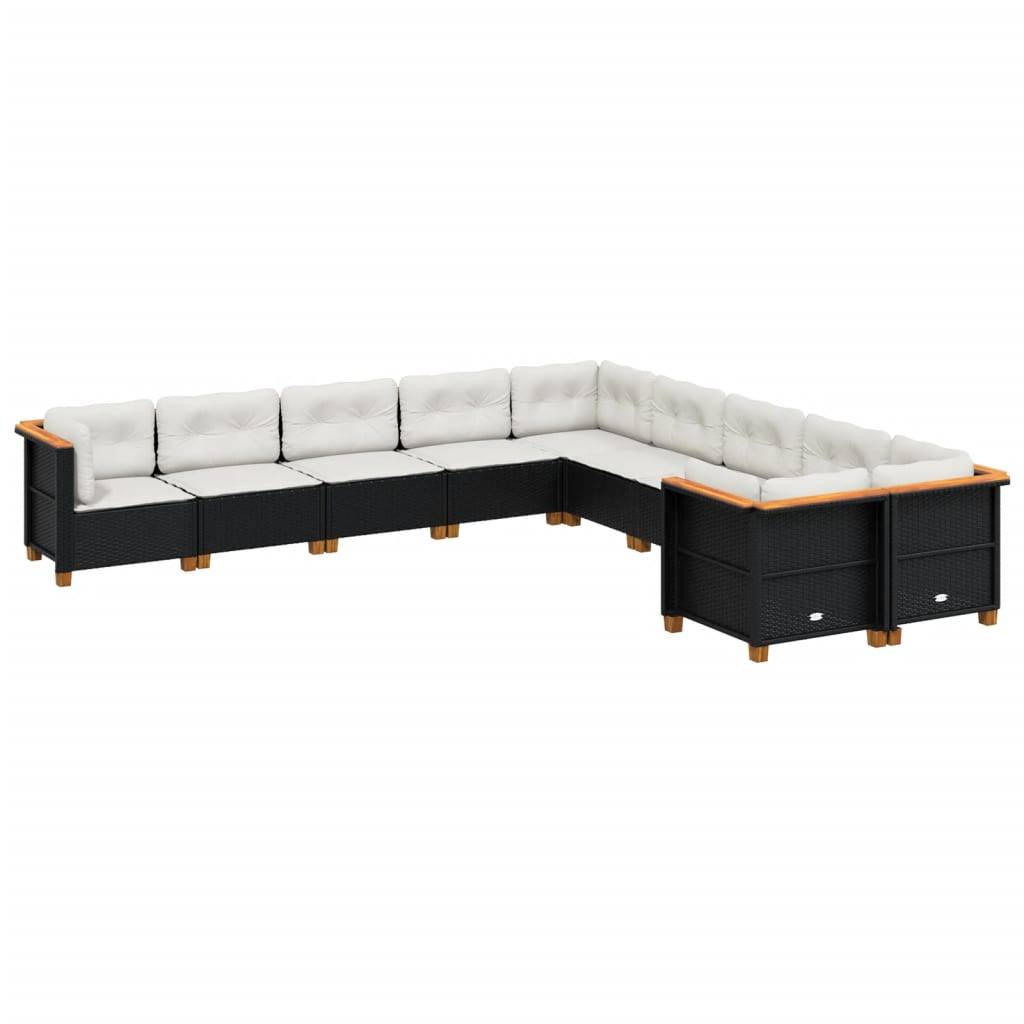 vidaXL 10-tlg. Garten-Sofagarnitur mit Kissen Schwarz Poly Rattan